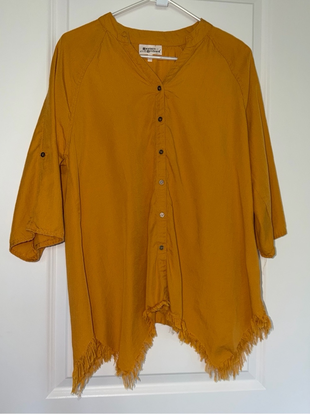 Relaxed Button-Front Frayed-Hem Tunic - Mustard - Picture 3 of 8